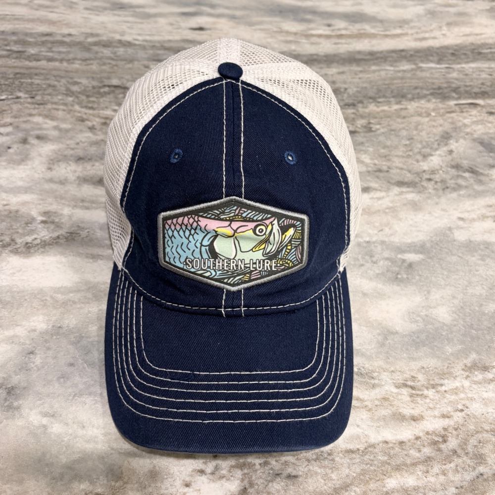 Southern Lure Mens Fish Patch Trucker Hat Navy Blue White Mesh Snapback Cap